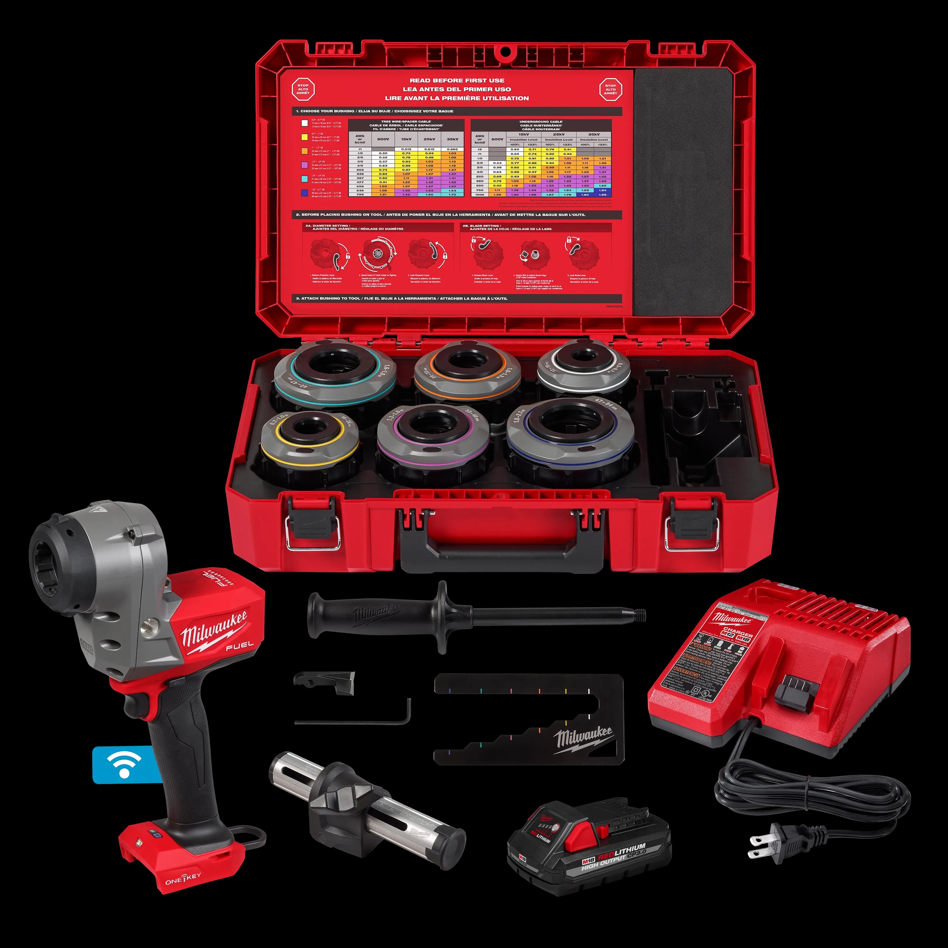 MILWAUKEE M18 FUEL Covered Conductor Cable Stripper Kit w/ Adjustable Bushings 9 Covered Conductor Cable Stripper